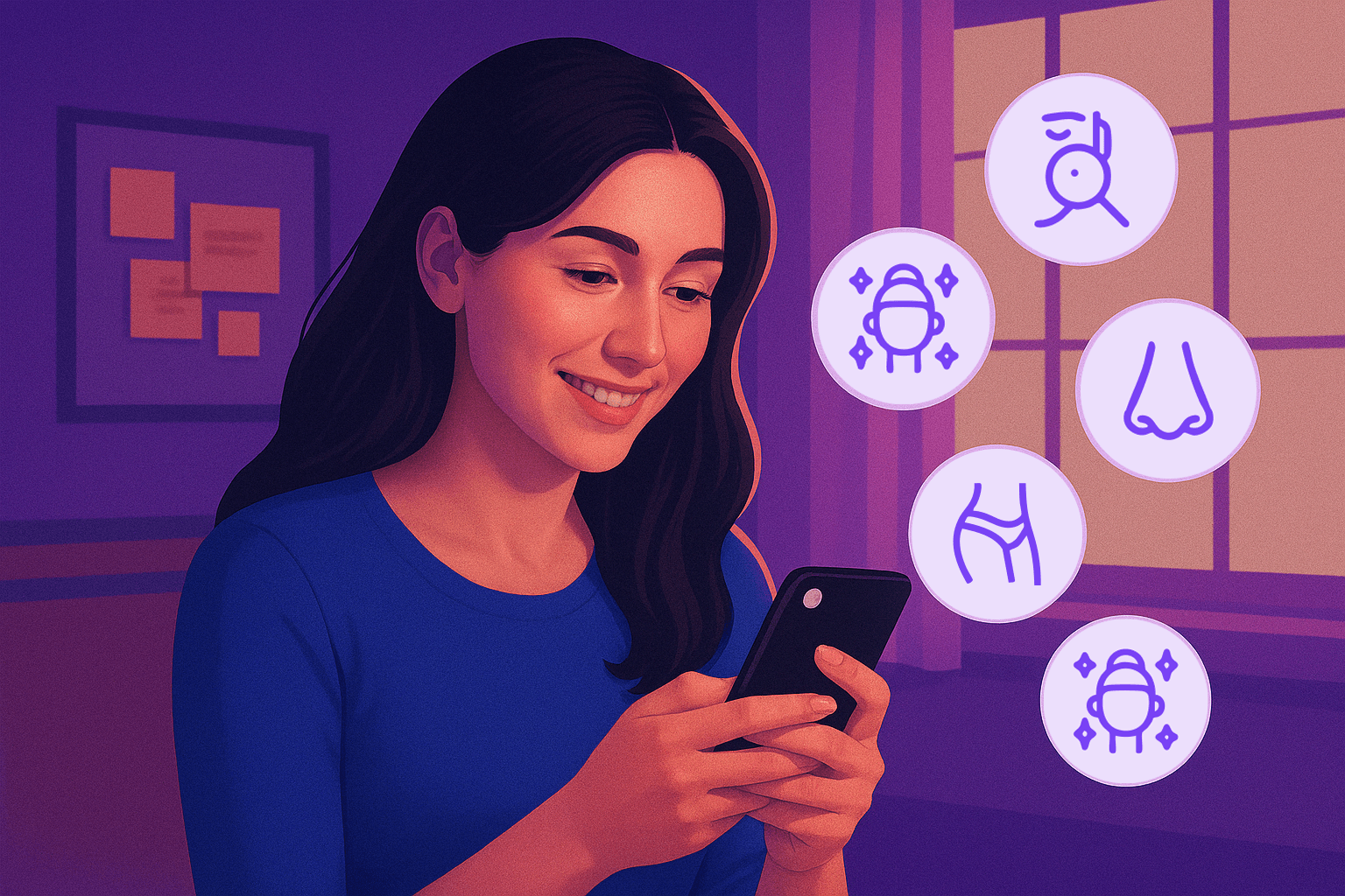 Woman selecting treatment areas from app