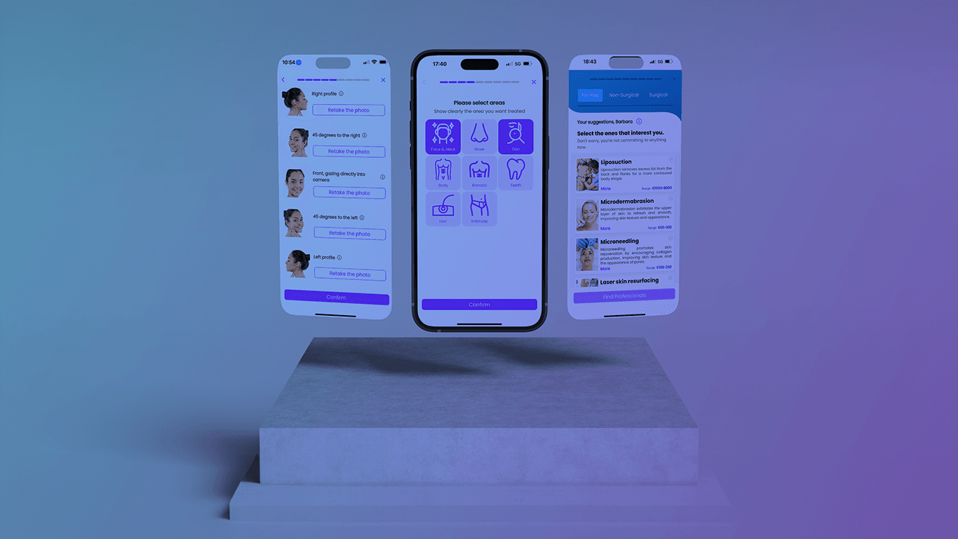 Three smartphones showing parts of the medical app interface