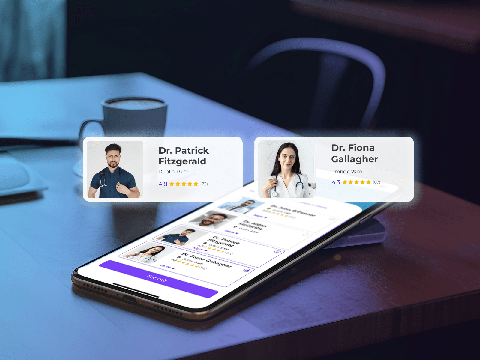 A smartphone with an open medical app, showing two doctors
